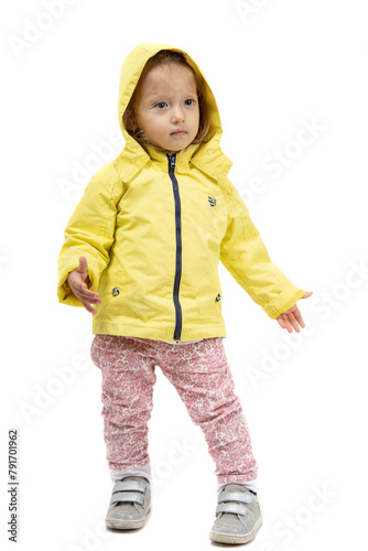 little girl in the yellow jacket, isolated on white background