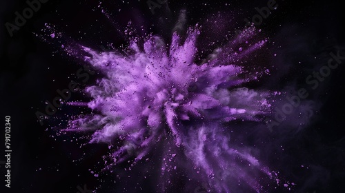 Violette Farbexplosion vor dunklem Hintergrund, rauchender Knall, Explosion aus lila Pulver 
