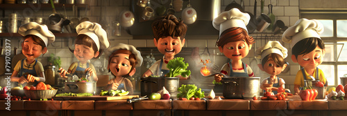 A Group of Miniature Cartoon Kids Chefs Happily Working in the Kitchen, Cooking Up Fun!