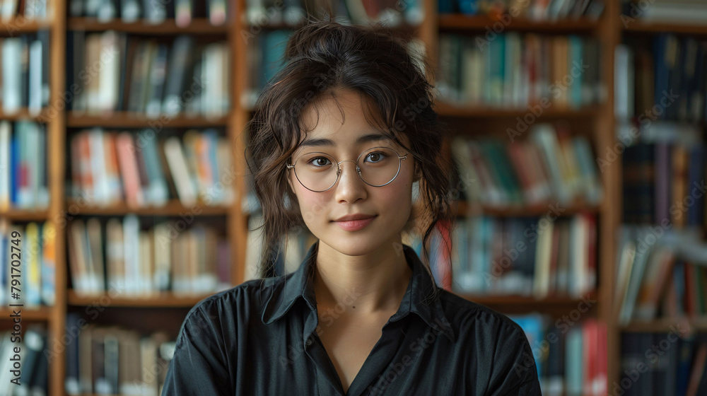 A librarian stands confidently among shelves of books. A librarian stands confidently among shelves of books.