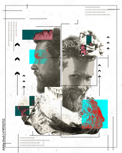 Bearded man with abstract shapes, body elements, and love text. Monochrome and color mix. Conceptual art. Mental health. complexity of human emotions. Concept of psychology, science, creative poster