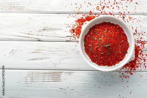 A white bowl filled with red spices on a wooden table. Perfect for culinary or kitchen themed designs