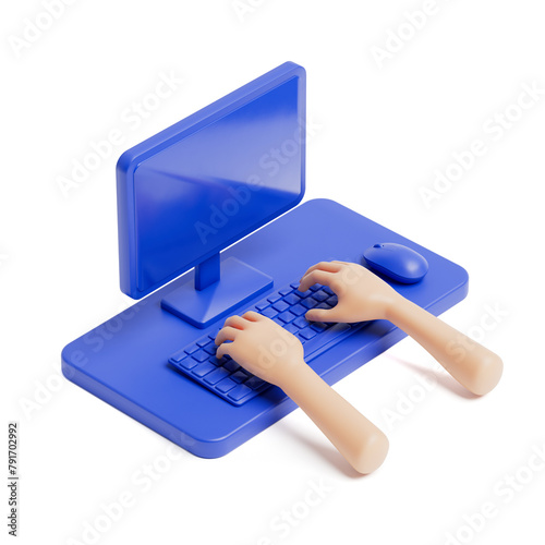 Infographic Isometric Cartoon Scene with Desktop and Hands on a Computer Keyboard. 3d Rendering
