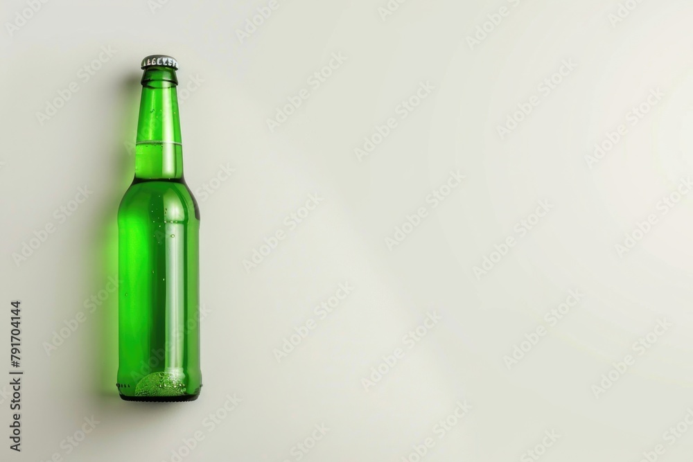 Green beer bottle on a white surface, ideal for beer product promotions Green beer bottle on a white surface, ideal for beer product promotions