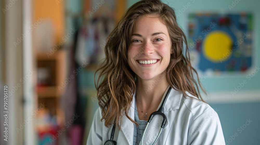 A pediatrician's warm smile surrounded by soft colors. A pediatrician's warm smile surrounded by soft colors.
