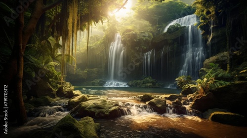 A beautiful waterfall in the middle of a lush green jungle with bright sunshine streaming through the trees. © Jeannaa