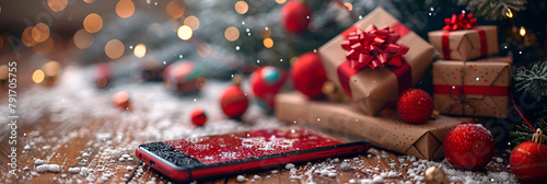 A Display of a Cell Phone with Gifts on It,
Christmas background with New Year's toys and gifts photo