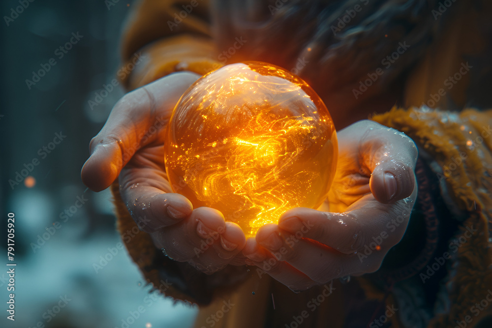 A Person Holding a Glowing Sphere in Their Hand,
Mystic seers hands over a crystal ball
 - obrazy, fototapety, plakaty 