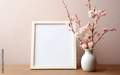 a white frame with pink flowers in a vase