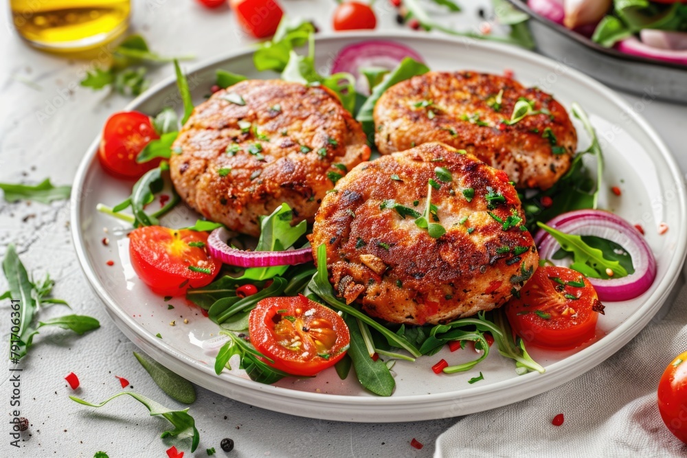 Freshly cooked meat patties and vegetables on a white plate, perfect for food blogs and restaurant menus Freshly cooked meat patties and vegetables on a white plate, perfect for food blogs and restaurant menus