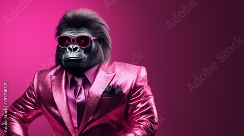 a gorilla wearing a pink suit and sunglasses © VSTOCK