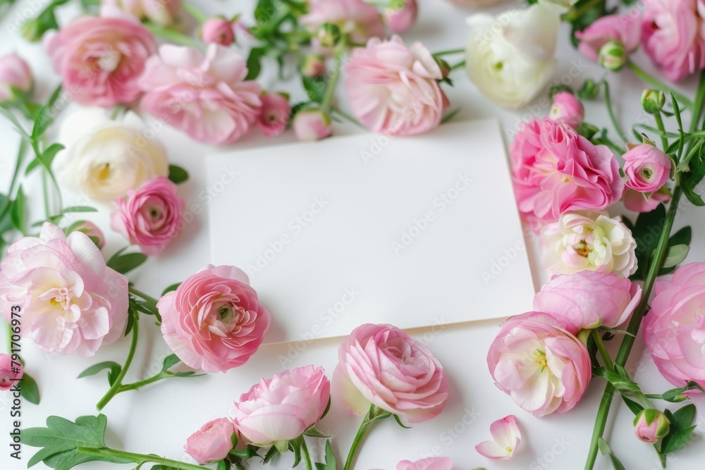 White card surrounded by pink and white flowers. Perfect for invitations or greeting cards White card surrounded by pink and white flowers. Perfect for invitations or greeting cards