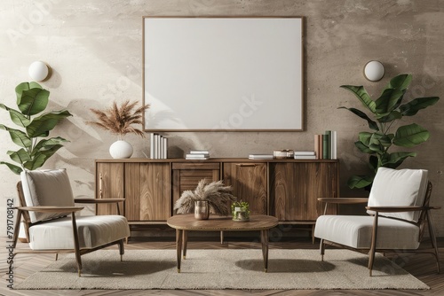 Reading room interior with four seats and plant, wooden commode with books and decoration, parquet floor and carpet. Blank mock up canvas on wall, 3D rendering