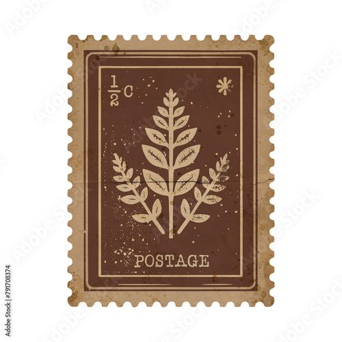 Retro Fern Branch Postage Stamp in Monochrome with Grunge Details. Old Faded Scrapbook Paper