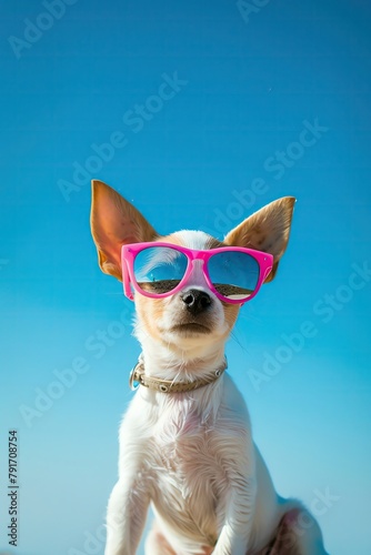 Puppy, panoramic, sunglasses, car ride, windblown fur, happy dog, adventure, summer vibes © auc