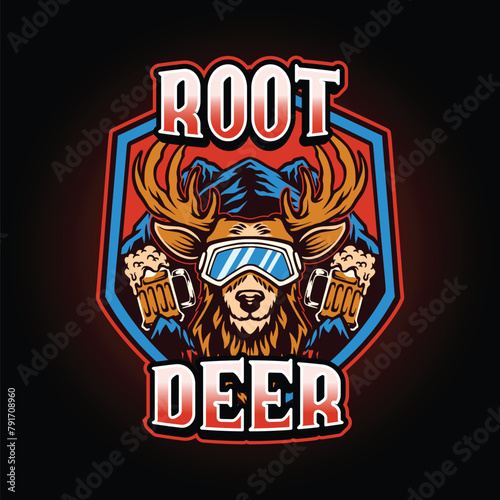 Deer wearing ski goggle and beer in front of mountain logo vintage style illustration for bar retail and pub