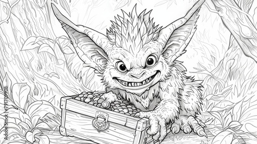 Fantasy Creatures: A coloring book page depicting a mischievous goblin in a forest