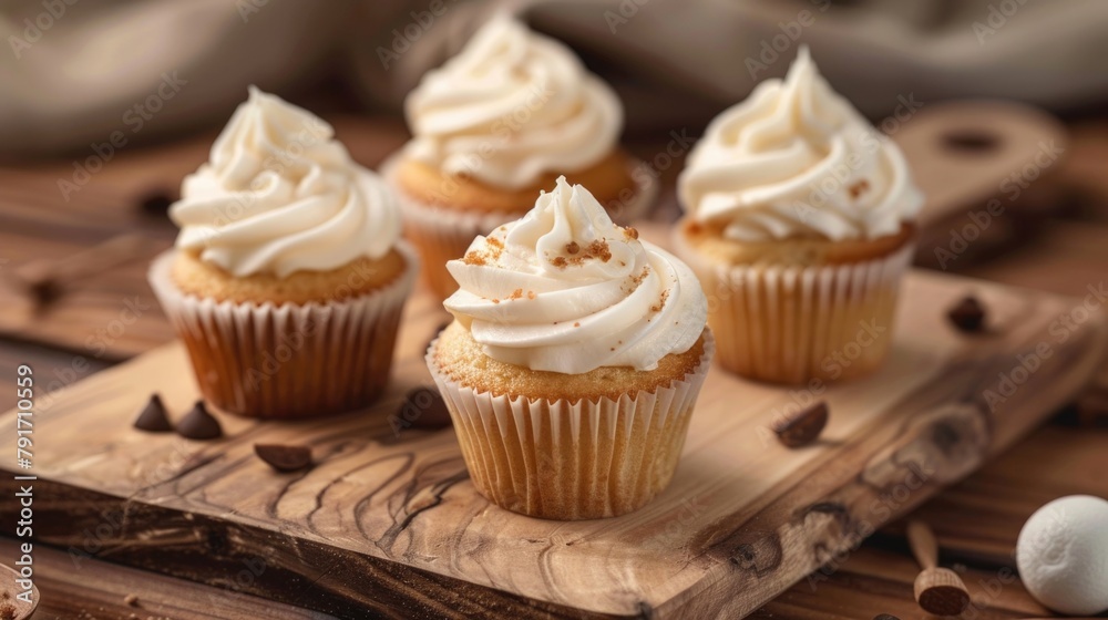 Three cupcakes with white frosting on a wooden board. Perfect for bakery or dessert concepts