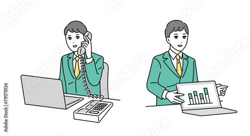 パソコンで作業をする営業ビジネスパーソンのイラスト