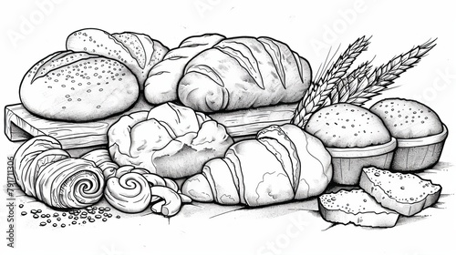 Food: A coloring book page showcasing different types of bread, including baguettes, croissants, rolls, and loaves