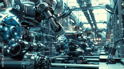 A futuristic 3D robot factory with intricate machinery and shiny robots AI generated illustration