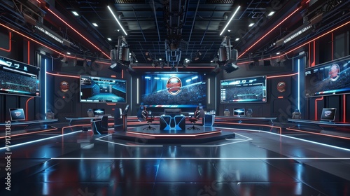 A futuristic 3D render of a sports broadcast studio AI generated illustration