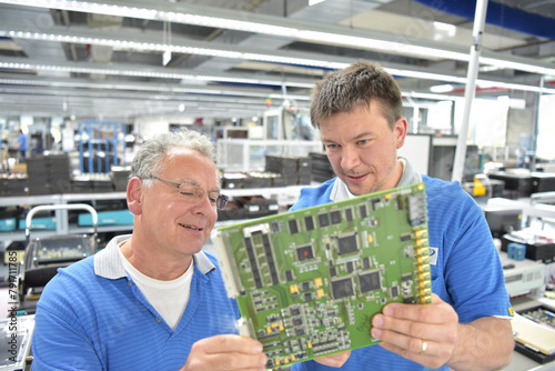 teamwork in a modern industrial factory - group of workers in the production and development of electronics