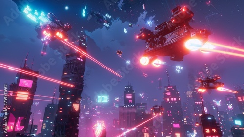 A futuristic cityscape with neon-lit mechs battling it out in the sky AI generated illustration
