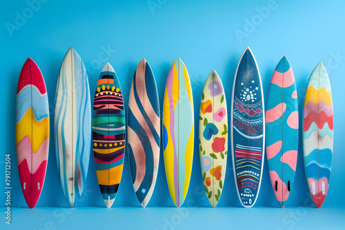 A set of custom surfboards, each painted with vibrant patterns, against a surf-ready blue background, great for summer sports and lifestyle imagery 