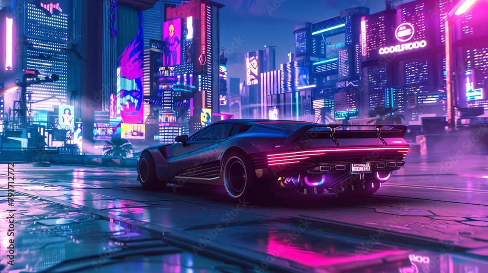 A futuristic sports car drifting through a neon-lit virtual reality city AI generated illustration A futuristic sports car drifting through a neon-lit virtual reality city AI generated illustration