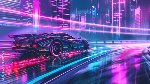 A futuristic sports car drifting through a neon-lit virtual reality city  AI generated illustration
