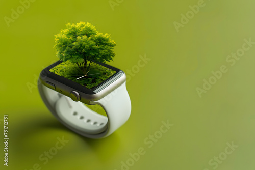 A smartwatch displaying a tree-growing tracking app, symbolizing tech and nature synergy, isolated on a technology green background for World Environment Day 