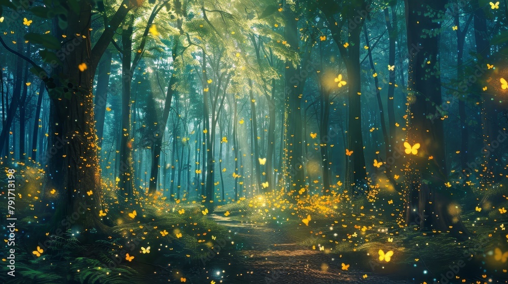 Obraz premium A magical forest with sparkling fireflies AI generated illustration