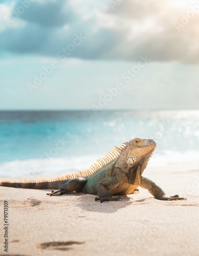 An iguana lying lazily on a warm sandy beach with the ocean in the background