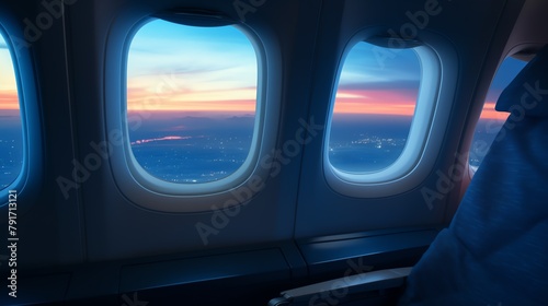 a window of an airplane with a view of the city and mountains