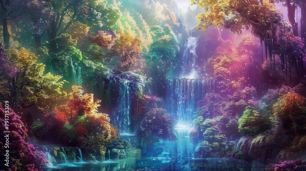 A magical unicorn forest with rainbow-colored trees and sparkling waterfalls  AI generated illustration