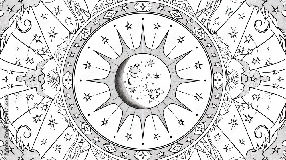Mandala: A mandala pattern with a celestial theme, featuring stars, moons, and galaxies