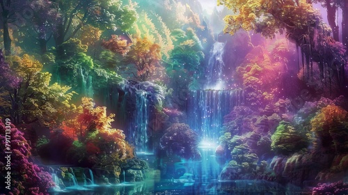 A magical unicorn forest with rainbow-colored trees and sparkling waterfalls  AI generated illustration © ArtStage