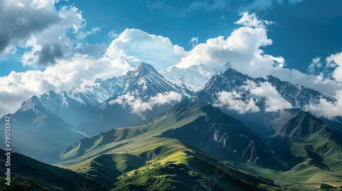 A majestic mountain range with snow-capped peaks  AI generated illustration © ArtStage