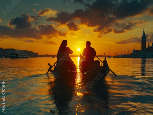Two people are rowing a boat in the water, with the sun setting in the background. Scene is peaceful and romantic, as the couple enjoys their time together on the water