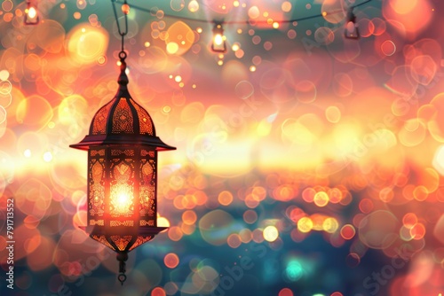 A lantern hanging from a string with lights in the background. Suitable for festive occasions