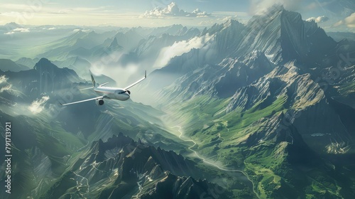 Aerial view of an airplane flying over majestic mountains, showcasing the breathtaking beauty of air travel. photo