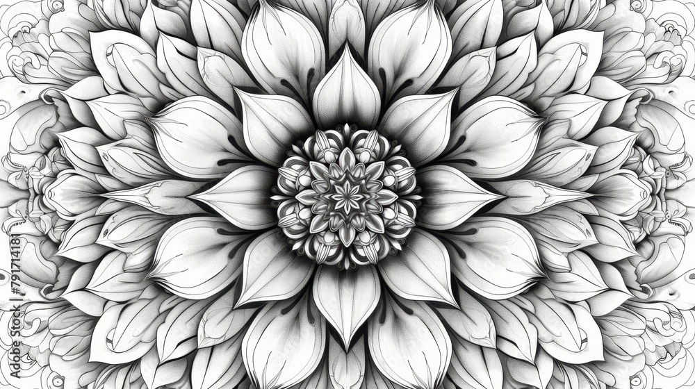 Mandala Coloring Book (grayscale): A mandala design featuring intricate patterns and floral elements Mandala Coloring Book (grayscale): A mandala design featuring intricate patterns and floral elements