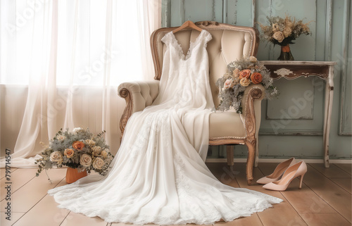 A white wedding dress draped over an armchair, with shoes and bouquet placed beside it in the room.