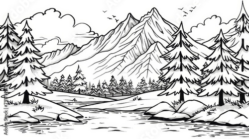Nature  A coloring book page featuring a snowy mountain peak  with pine trees
