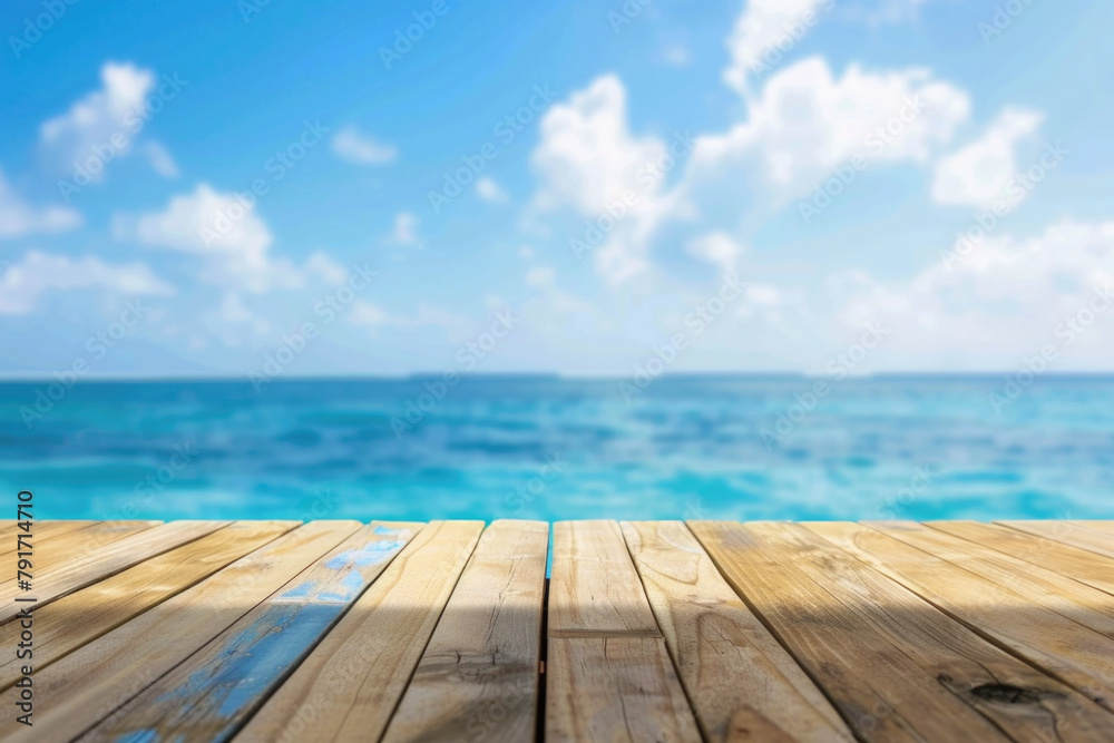 Summer tropical beach with waves and blue sky with clouds. Holiday vacation background with empty wooden table Summer tropical beach with waves and blue sky with clouds. Holiday vacation background with empty wooden table