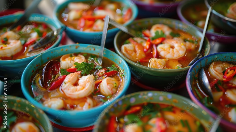Colorful bowls of spicy Thai tom yum soup, filled with fragrant lemongrass, chili peppers, and succulent shrimp, a beloved Thai street food staple. Colorful bowls of spicy Thai tom yum soup, filled with fragrant lemongrass, chili peppers, and succulent shrimp, a beloved Thai street food staple.