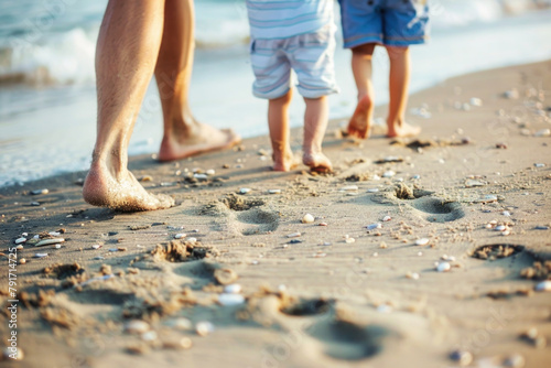 Close up image father and sons legs walking at the beach © pilipphoto