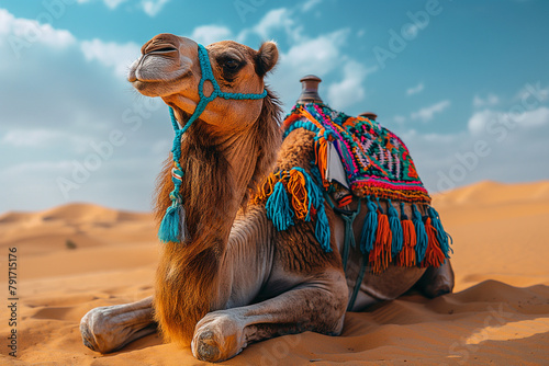 Camel with colorful reins and saddle sits waiting for the next rider in Desert