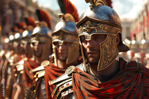 Group of historic ancient Roman army soldiers prepared for war or battle photo